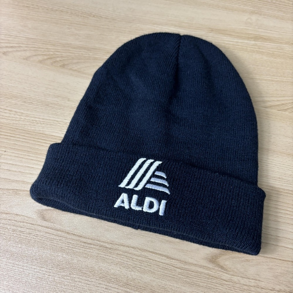 Aldi Hat‎ Beanie Fitted Mens One Size Navy Cuffed Knit Embroidered Advertising